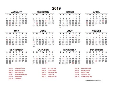 2019 Yearly Calendar Template Excel Free Printable Templates