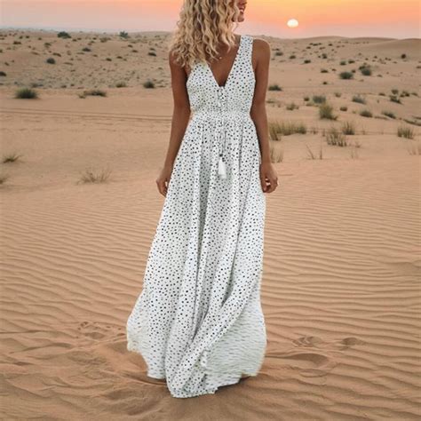 White Summer Long Dress Polka Dot Print Boho Beach Dresses Tunic