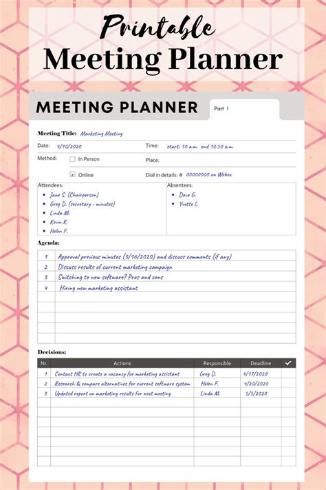 Meeting Planner Meeting Agenda Meeting Minutes Printable Meeting Notes