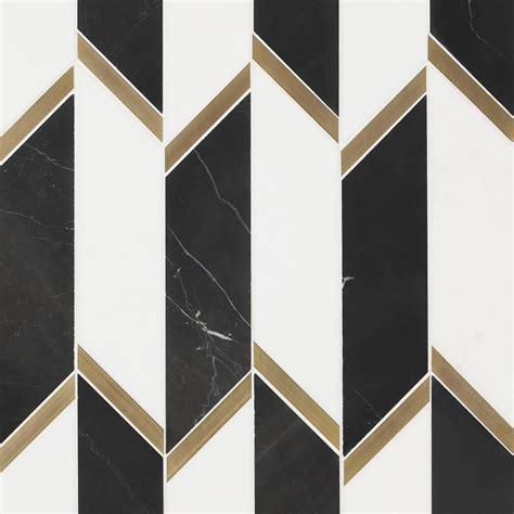 Black And White Tile With Gold Trim On The Edges Diagonals Or Hexagon