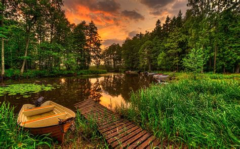 River Boats Forest Sunset Landscape G Wallpaper 2560x1600 156985