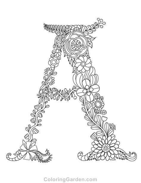 Floral Letter “a” Adult Coloring Page