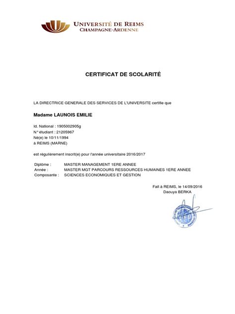 Certificat De Scolarite 3md5z1 2016 2017 Launois Emilie 1 Pdf