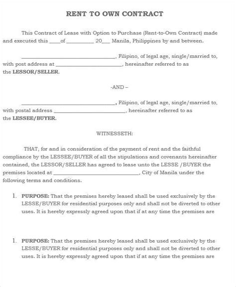 Printable Rent To Own Contract Template Free Printable Templates