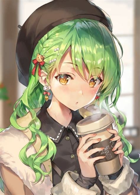 Cute Anime Girl With Yellow Eyes Green Hair And Holding A Cup Braids Kawaii Anime Girls