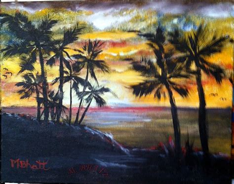 Tropical Beach Sunset Painting By M Bhatt