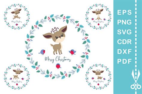 5 Christmas designs with cute deer: 5 eps files 5 cdr files 5 pdf files 5 svg files 5 dxf