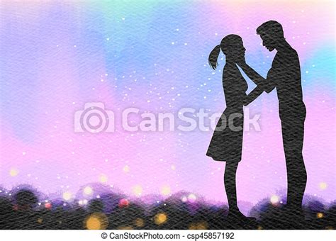 Young Couple In Love Silhouette On Watercolor Background Romantic