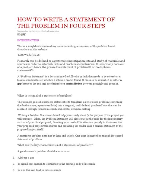 A problem statement deals with a using problem statement as a tool to carry out hierarchical research process, it is important to keep in your statement should lead at least one central idea or an objective. Statement of problem in research paper. How to write a ...