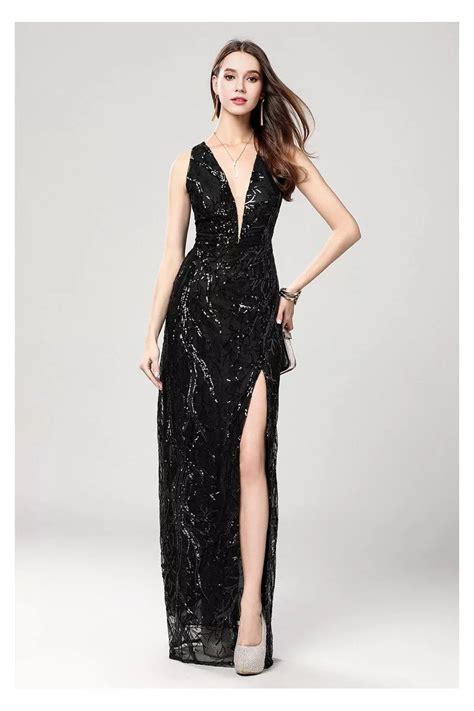 Sexy Black Sequin Deep V Neck Slit Prom Evening Dress Ck