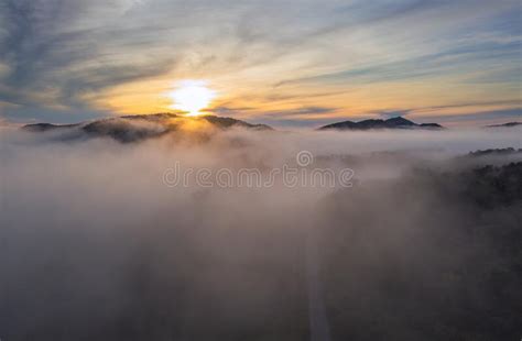 Aerial View Beautiful Panorama Of Morning Scenery Golden Light Sunrise