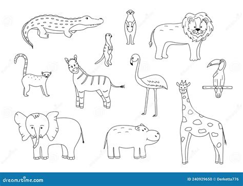 A Set Of Drawings Of Cute Cartoon African Animals Vector Illustration
