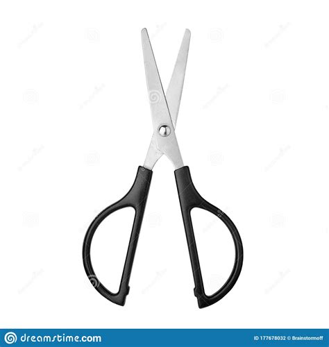 Silver Metal Open Scissors With Black Plastic Handles On White