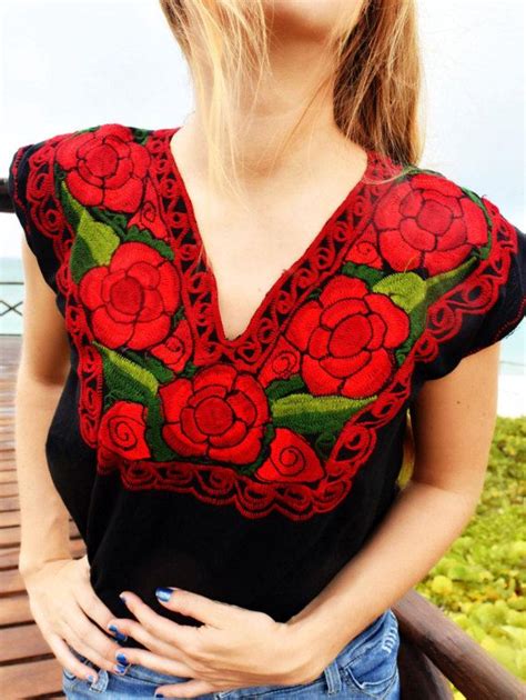 Flower Hand Embroidered Black Blouse Mexican Red Patterns Embroidered Clothes Mexican