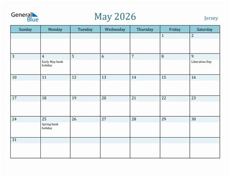 Jersey Holiday Calendar For May 2026