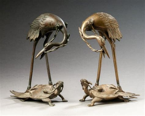 Two Oriental Bronze Figures Of Storks On Turtles Stork Bronze Turtle