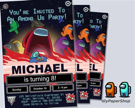 We've got more free among us party printables for you to use for your party below so please be sure to scroll down to check them out. Among Us birthday invitation, Gamer party invite, Among Us ...