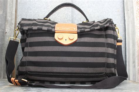 Prada Unisex Black And Grey Striped Canvas Messenger Bag