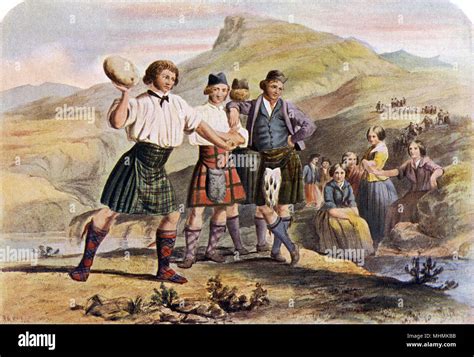 A Kilted Scotsman Throws A Stone Whilst His Competitors And A Few