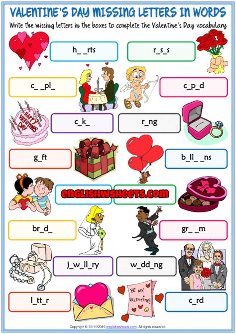 Valentines Day Esl Missing Letters In Words Worksheet