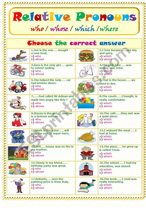 Relative Pronouns Worksheets For Kids