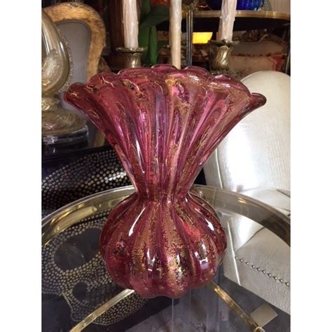 Vintage Murano Cranberry Glass Vase With Gold Flakes Chairish