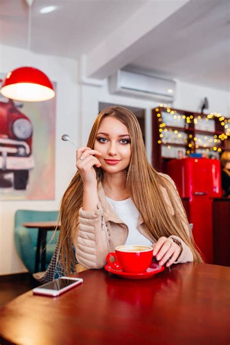 Beautiful Cute Girl In The Cafe With Coffee Smiling Portrait Of Young