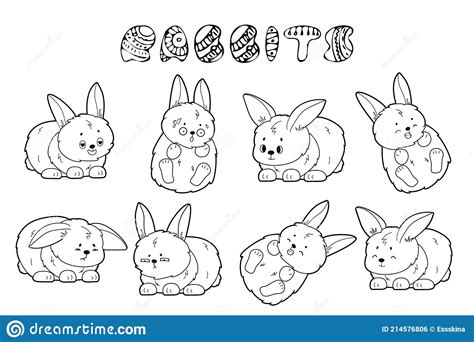 Black White Vector Set Of Doodle Outline Rabbits With Different