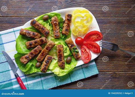 Balkan Cuisine Cevapi Grilled Dish Of Minced Meat Copy Space Stock