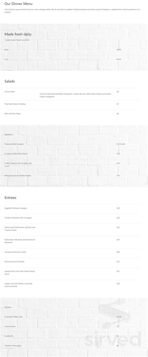Elysium menu in Kalamazoo, Michigan, USA