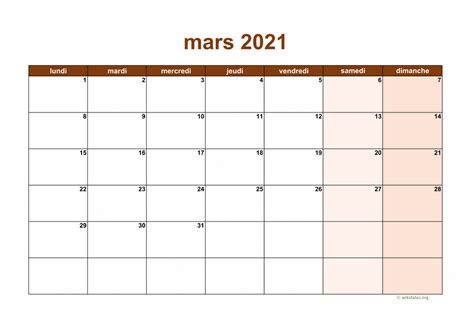 Calendrier Mars 2021