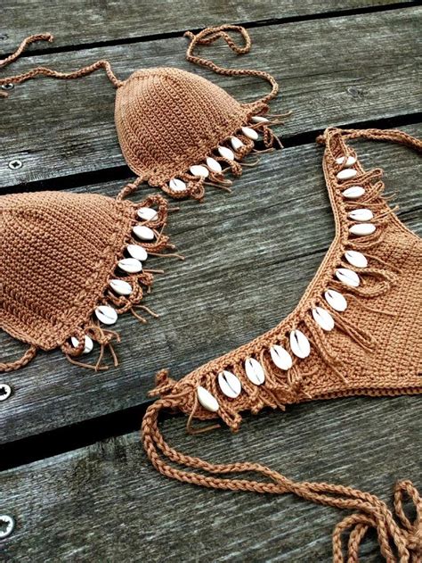 crochet bikini set tan brown bikini with cowrie sea shells bikini crochet swimwear crochet