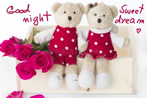 Good Night Sweet Dream Message Card Handwriting With Couple Teddy Bears