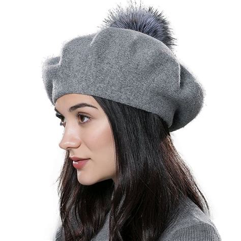 Winter Wool Beret Hat Fox Fur Pom Pom Hat Womens Knit Beanie Dark