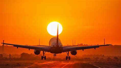 Download Orange Color Sun Sunset Passenger Plane Vehicle Aircraft Hd