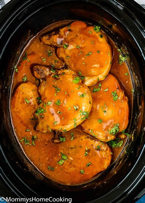 Pork chops a la slow cooker 202 tender and succulent pork chops coated with spices and browned, then slow cooked in a chicken and mustard sauce. Slow Cooker Beer Pork Chops - Mommy's Home Cooking
