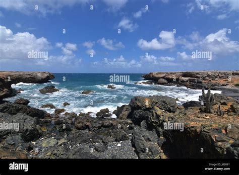 Beautiful View Of The Black Sand Stone Beach On Arubas East Coast