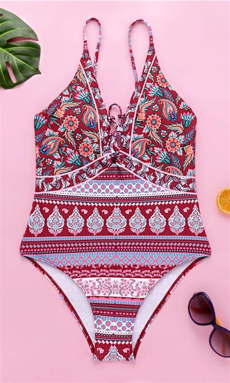 Boho Print Lace Up One Pieces Swimsuit One Piece Swimsuit Slimming