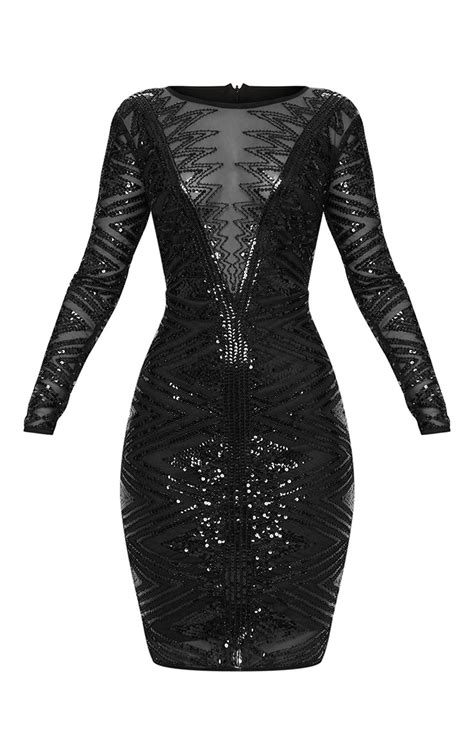 Black Sequin Long Sleeve Midi Dress Prettylittlething Aus