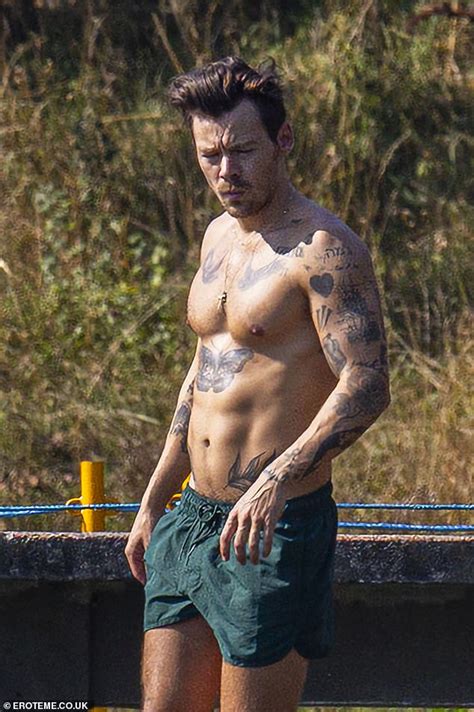 Shirtless Harry Styles Displays His Toned Six Pack In A Pair Of Green Swimming Shorts As He