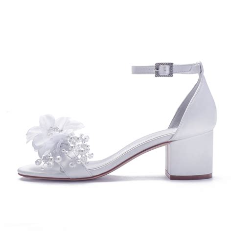 elegant white ivory bridal shoes satin wedding sandals lower block thick heels ankle strap with