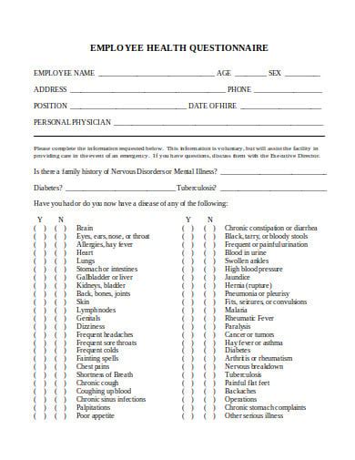 10 Employee Health Questionnaire Templates In Pdf Doc