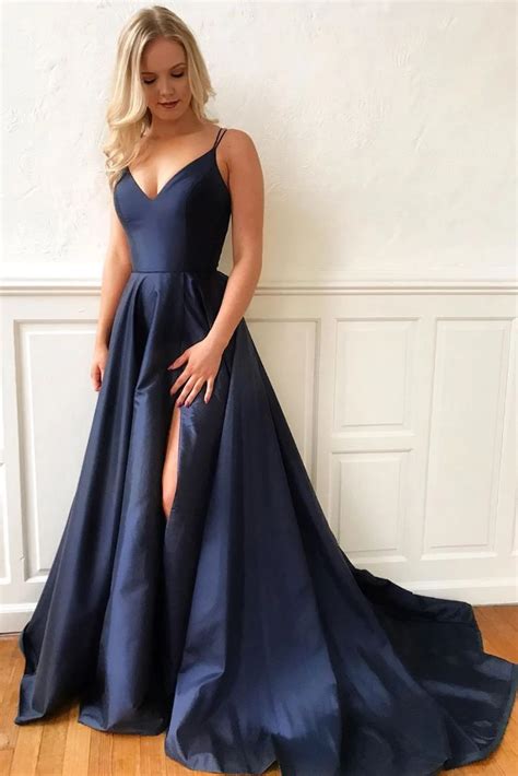 Dark Blue Satin Long Prom Dress Blue Evening Dress B405 Navy Blue