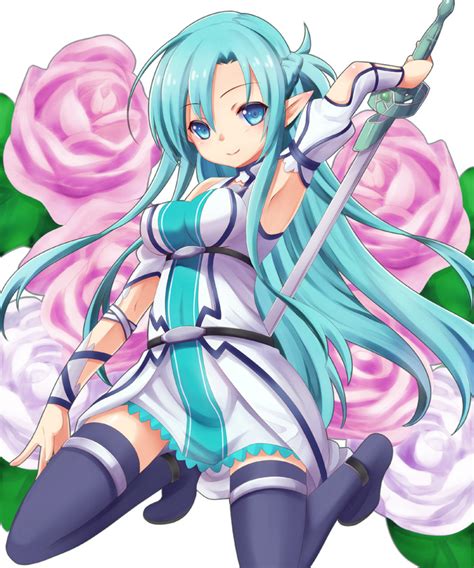 Safebooru 1girl Asuna Sao Asuna Sao Alo Blue Eyes Blue Hair Flower Long Hair Pointy Ears