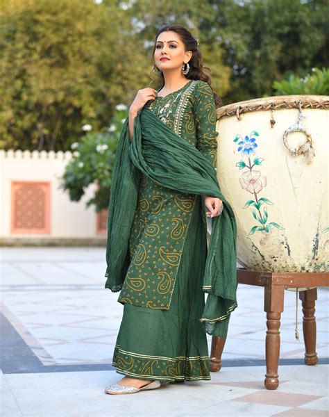 cotton kurti palazzo and dupatta set ethnic green salwar suit for women plus size kurta set indian