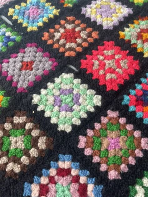 Vintage Granny Square Afghan Blanket Throw Hand Crochet 1970s Black