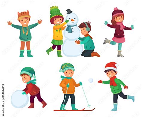 Vecteur Stock Happy Kids Winter Activities Children Playing With Snow