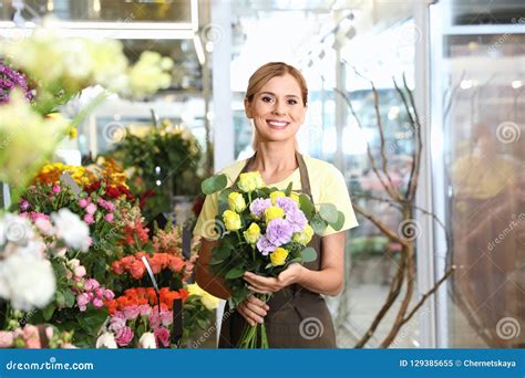Female Florist Holding Beautiful Bouquet Stock Image Image Of Nature