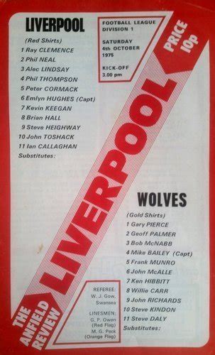 Liverpool Fc Wolverhampton Wanderers Division I Official Programme