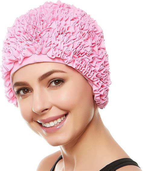 Beemo Womens Swim Bathing Cap Turban Polyester Latex Lined Ruffled Shower Cap Light Pink